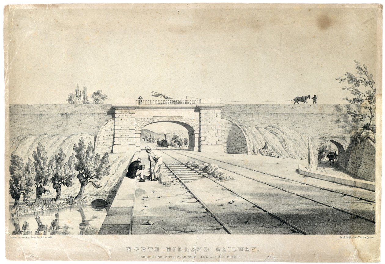 公牛桥克罗姆福德运河下的北米德兰铁路桥 c1840（纸上有色石版画） 作者 塞缪尔·拉塞尔