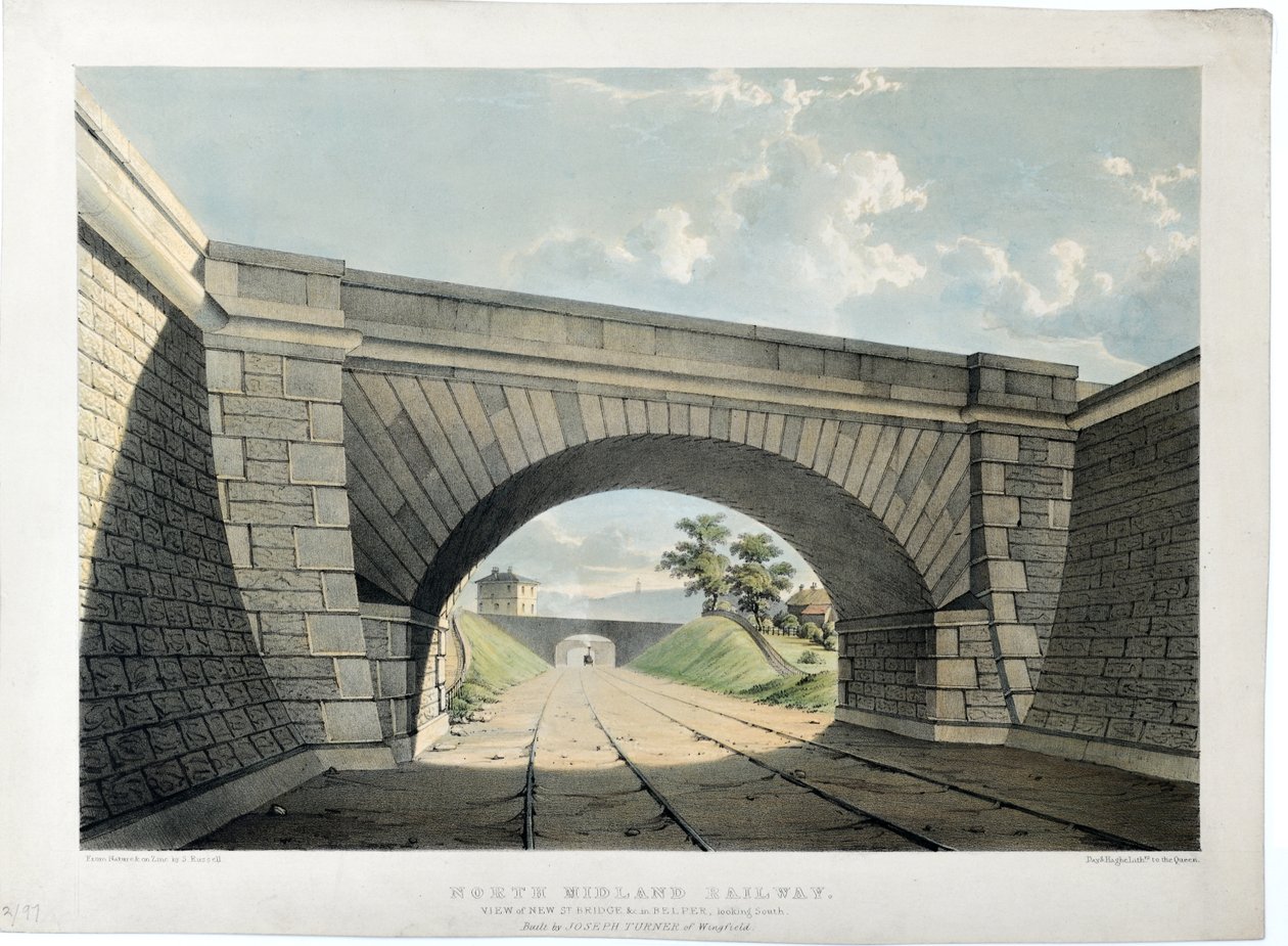 北米德兰铁路。 贝尔珀的新街桥等景观，向南看，约 1840 年（纸上手绘彩色石版画） 作者 塞缪尔·拉塞尔