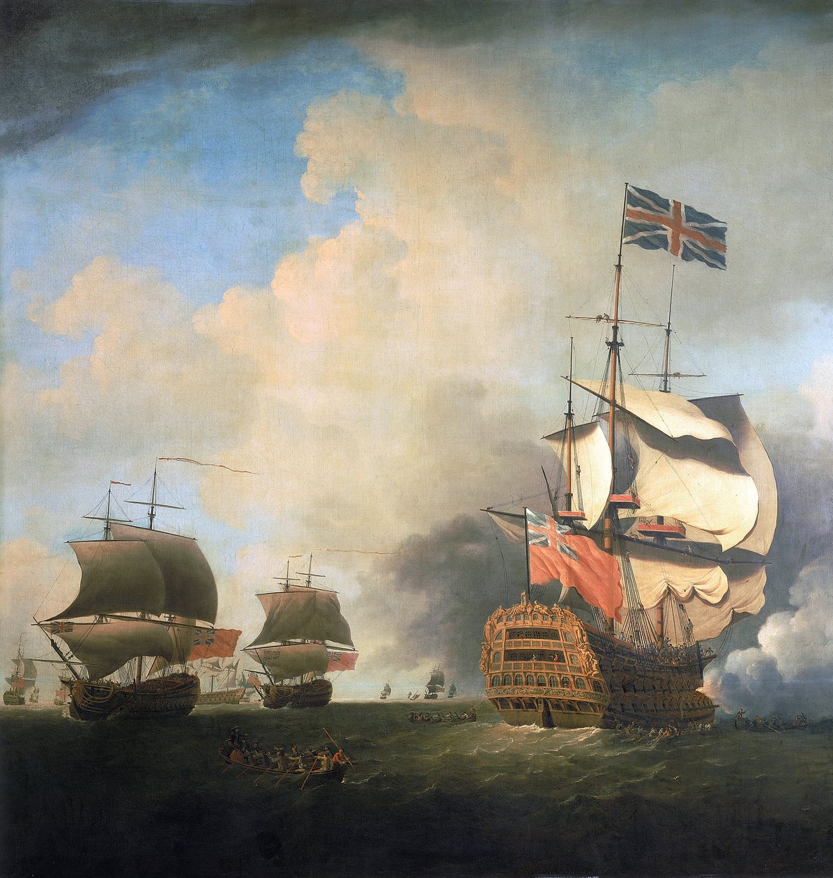 英国皇家海军战舰，在风中操纵风帆。布面油画，约 1736 年，作者塞缪尔-斯科特（1702-1772 年）。 作者 塞缪尔·斯科特
