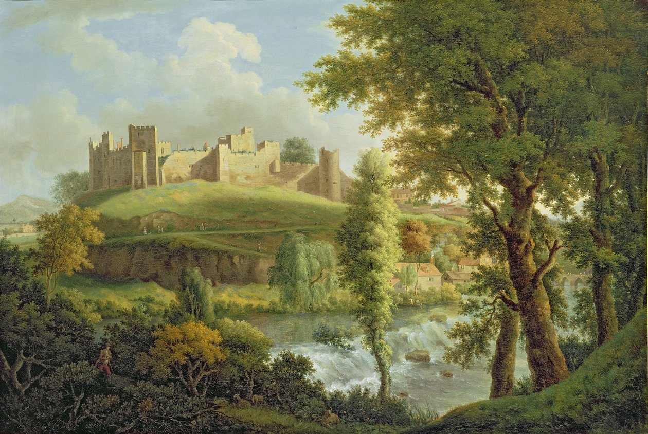 拉德洛城堡（Ludlow Castle）与狄纳姆·威尔（Dinham Weir），来自西南，约1765年-69年（布面油画） 作者 塞缪尔·斯科特