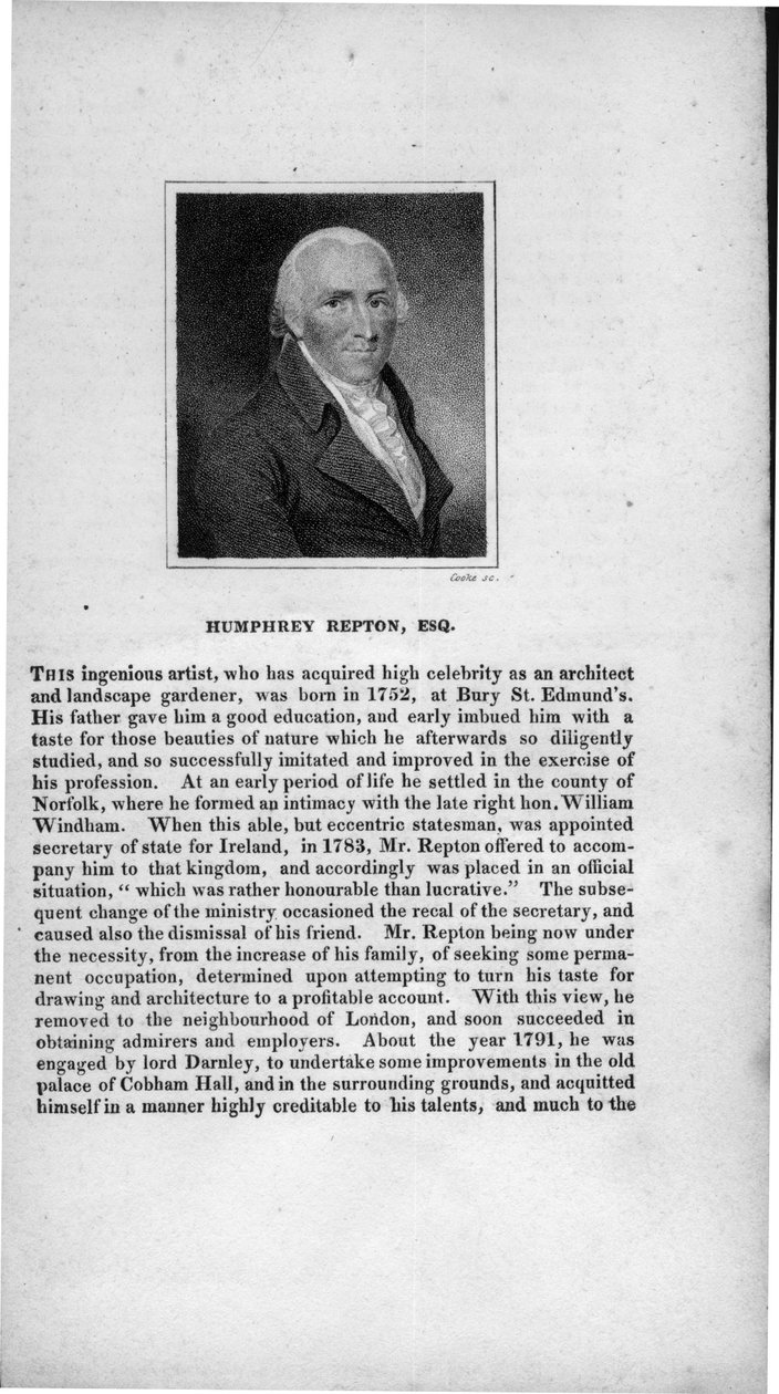 Humphry Repton（1752-1818），由Cooke雕刻，来自&39;Essex，Suffolk和Norfolk Characters&39;，1820 作者 塞缪尔·雪莱