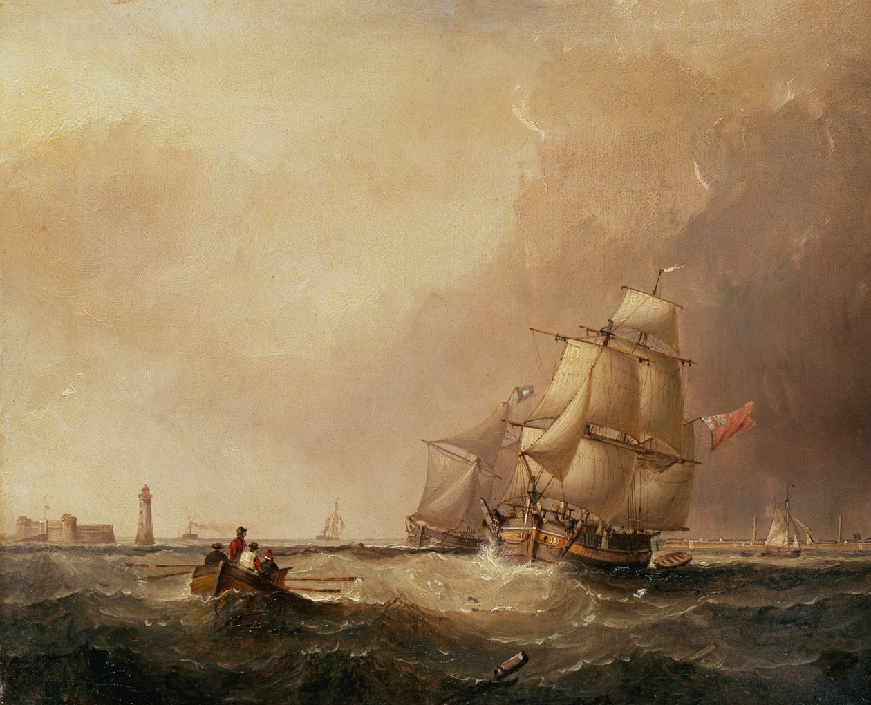 默西港景色和马恩岛道格拉斯附近的航运景色（板面油画） 作者 塞缪尔·沃尔特斯