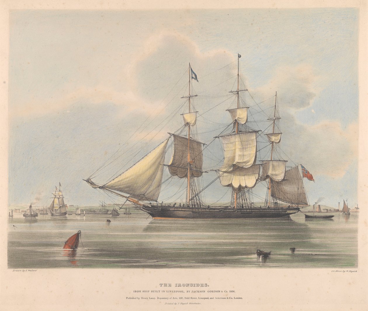 1838年，杰克逊-戈登公司在利物浦建造的 "Ironsides "铁船，约1838年（石版画，彩色） 作者 塞缪尔·沃尔特斯