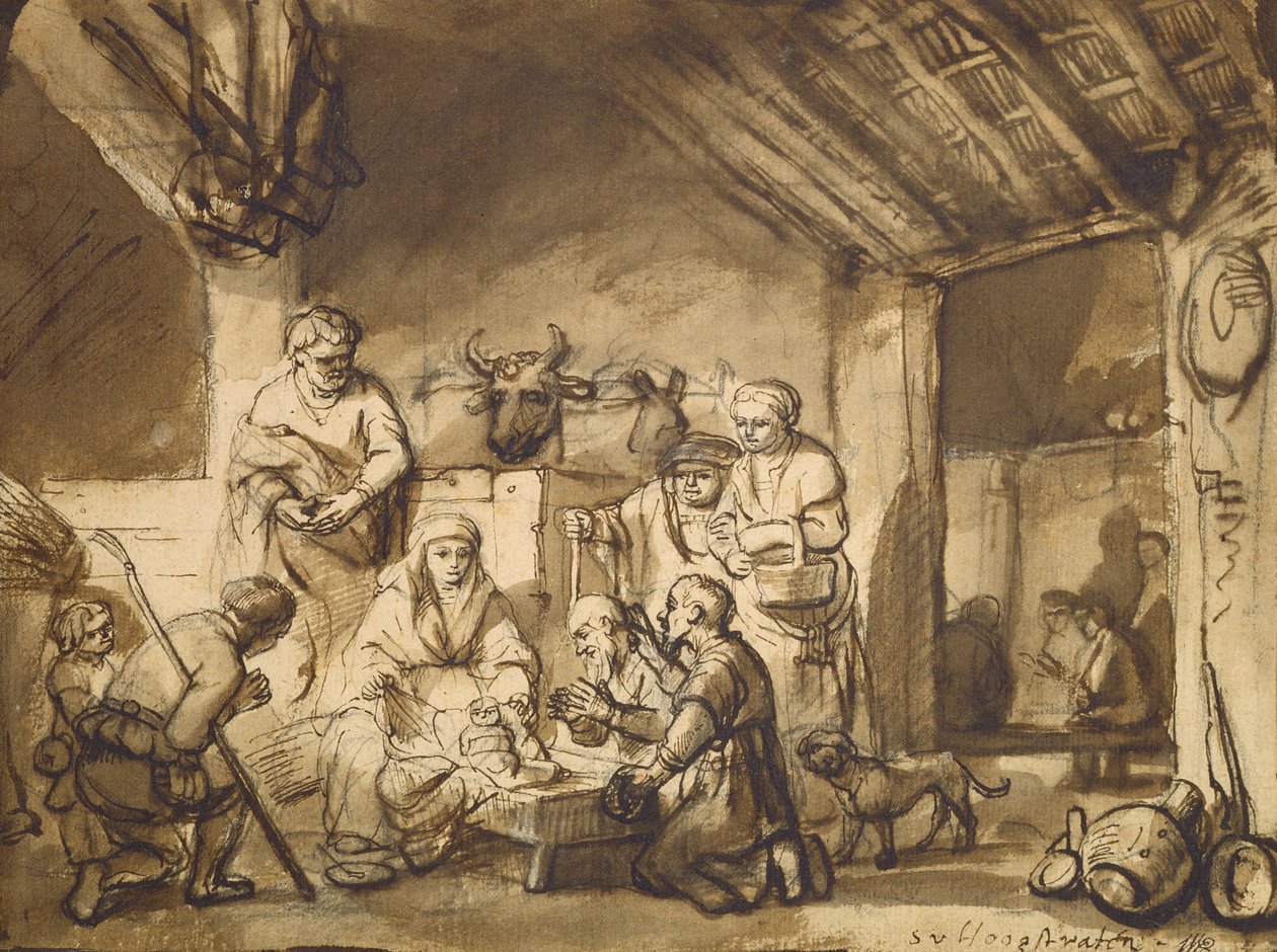牧羊人的崇拜，约1646年（钢笔，画笔和铅笔在纸上） 作者 塞缪尔·范霍格斯特拉滕
