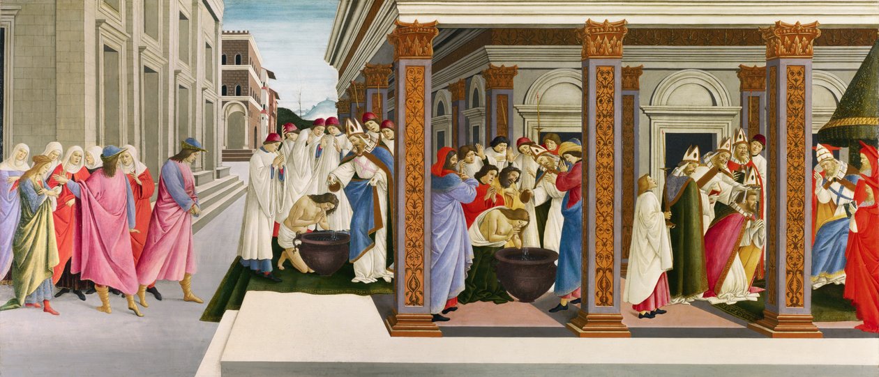 Saint Zenobius早期的四个场景，c.1500（木头上的蛋彩画） 作者 桑德罗·波提切利（Sandro Botticelli）