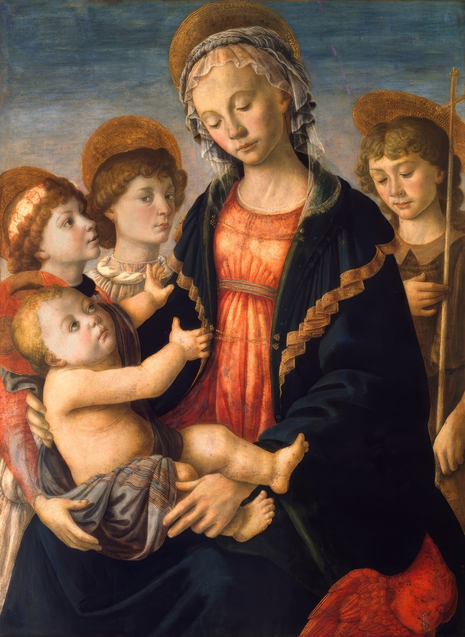 玛丽亚与孩子，约翰内斯纳本和两个天使 作者 桑德罗·波提切利（Sandro Botticelli）