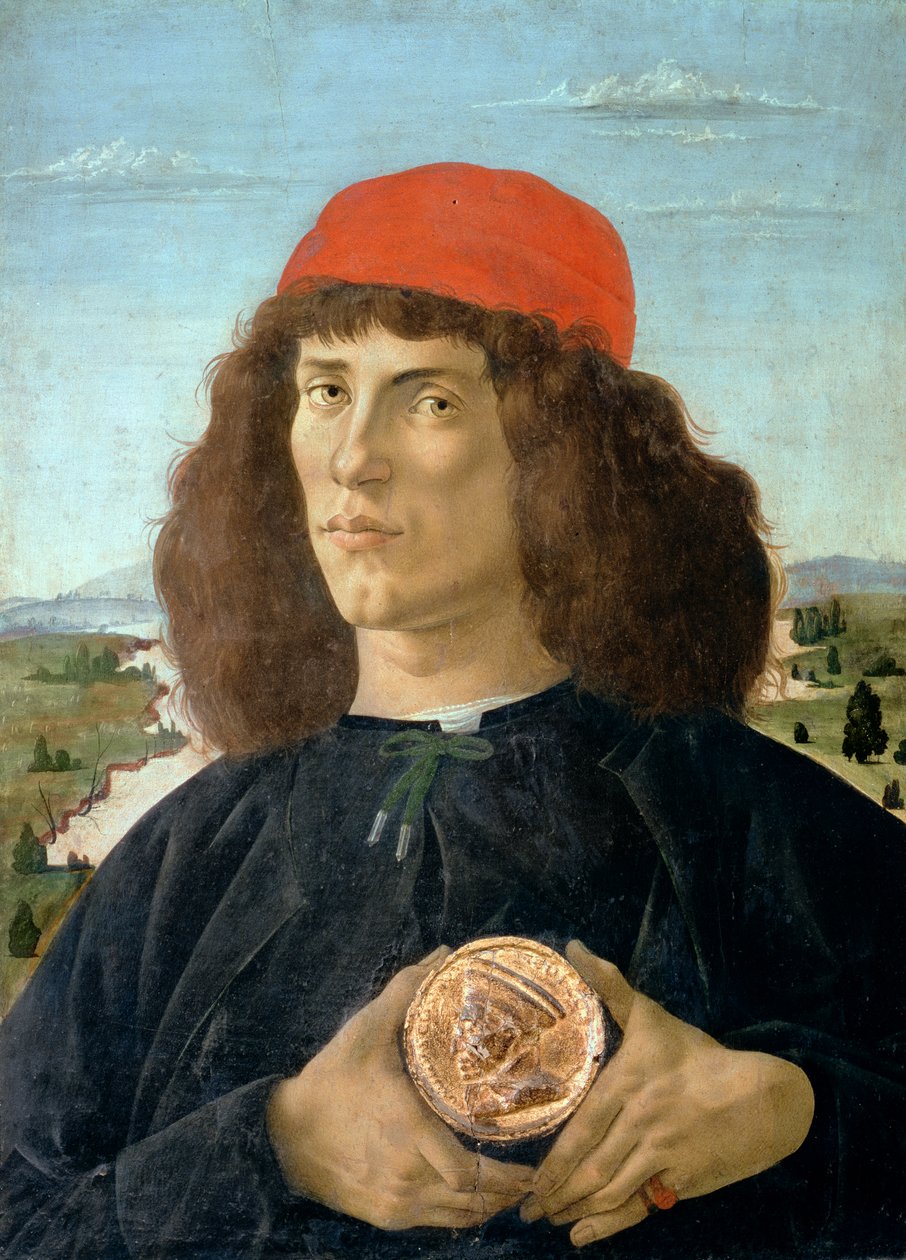 拿着Cosimo I de&39;Medici（&39;The Elder&39;）的奖章的一个年轻人的画象（1389-1463）（小组的蛋彩画） 作者 桑德罗·波提切利（Sandro Botticelli）