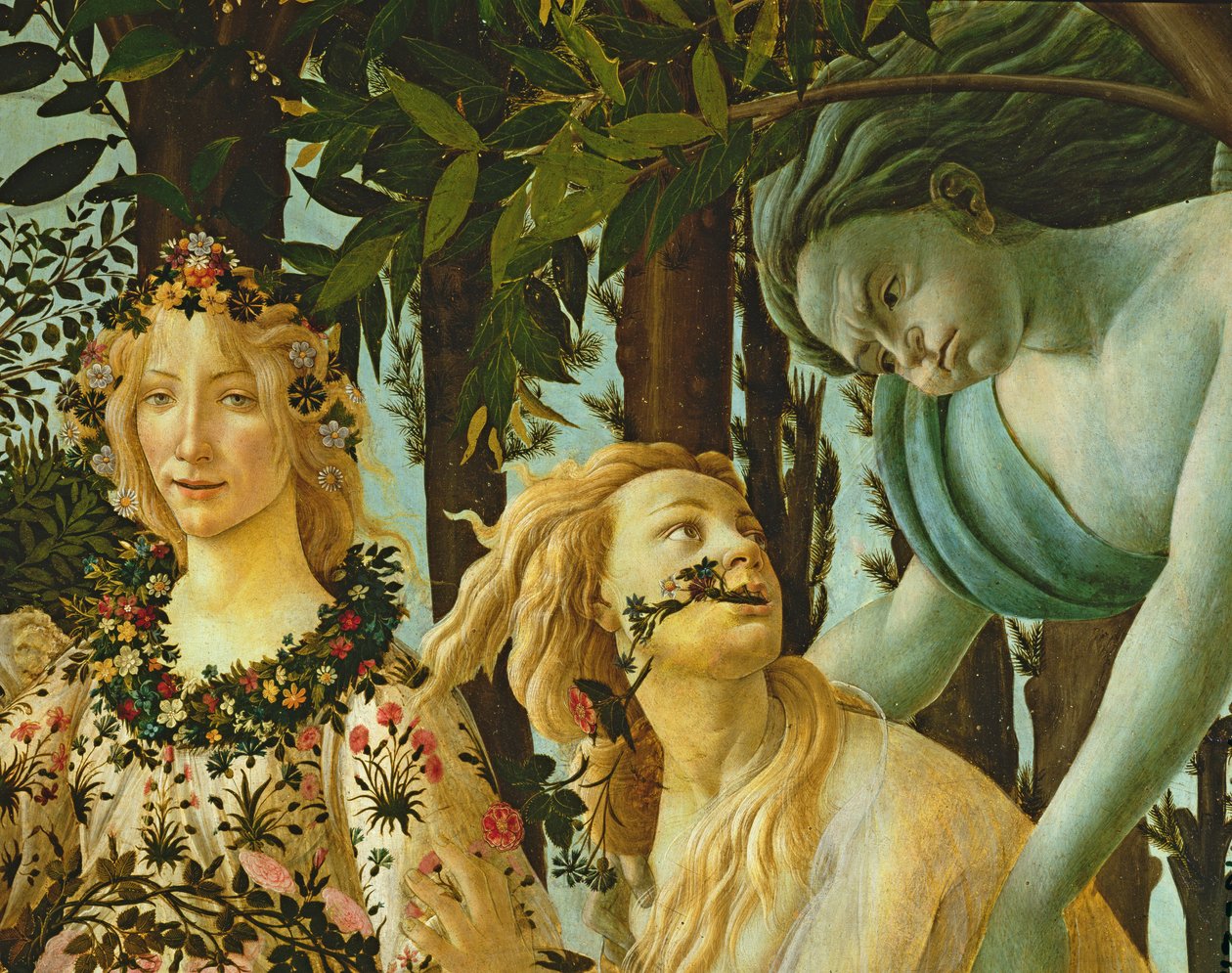 Primavera，Flora和Zephyr的细节，c.1478，（面板上的蛋彩画）（细节558） 作者 桑德罗·波提切利（Sandro Botticelli）