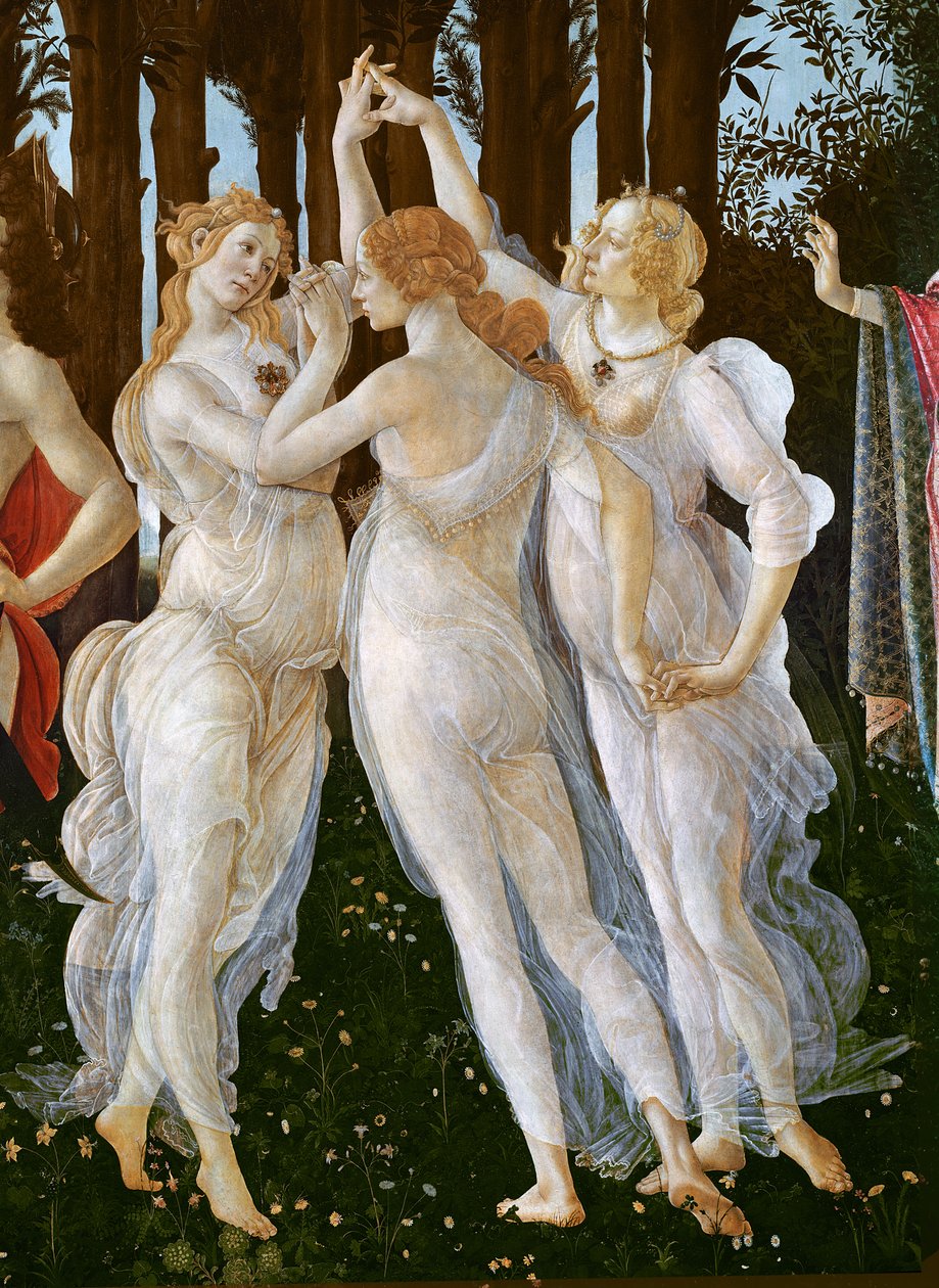 Primavera，Three Graces的细节，面板上的1478个蛋彩画 作者 桑德罗·波提切利（Sandro Botticelli）