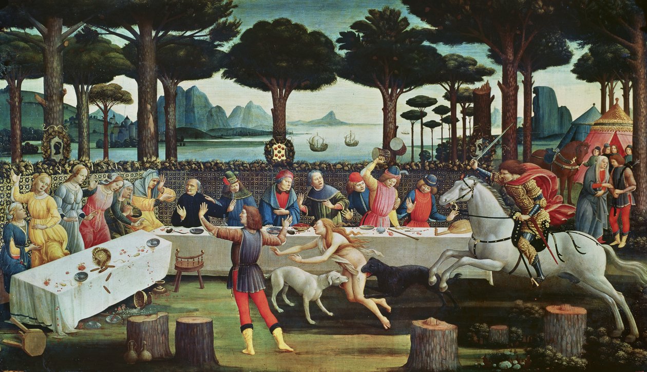 Pinewoods的宴会：Nastagio degli Onesti故事的场景III，c.1483（面板上的蛋彩画） 作者 桑德罗·波提切利（Sandro Botticelli）