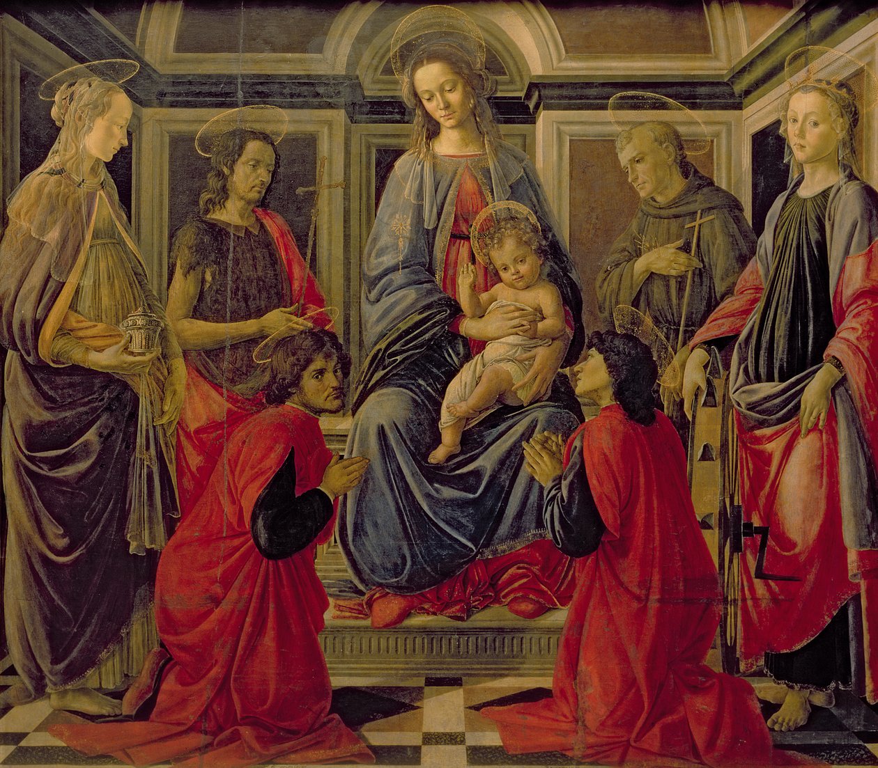 圣母子与SS。 Mary Magdalene，John The Baptist，Cosmo，Damian，Francis和Catherine，c.1470-72（小组中的蛋彩画） 作者 桑德罗·波提切利（Sandro Botticelli）