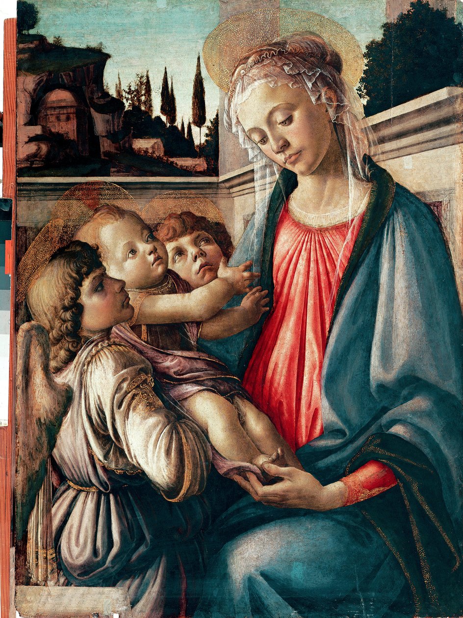 桑德罗-菲利佩（Sandro Filipepi）又名波提切利（Botticelli）（1445-1510）1468-1469年创作的《圣母与双子》（Madonna has Child with Two Angels Detrempe on Wood）。100x71厘米 那不勒斯，卡波迪蒙特国家美术馆 - 圣母和孩子与两个天使，由桑德罗-菲利佩又名波提切利（1445-1510）。脾气 作者 桑德罗·波提切利（Sandro Botticelli）