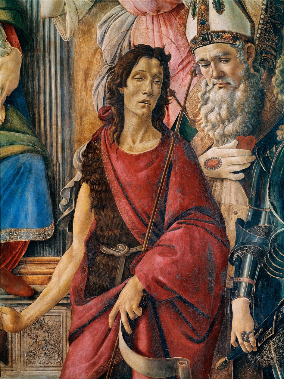 Pala di San Barnaba（圣巴纳巴祭坛画）。圣母与亚历山大的圣凯瑟琳、圣奥古斯丁、圣巴纳巴和施洗者圣约翰、安提阿的圣依纳爵和天使长圣米迦勒在一起，有一个孩子。显示圣约翰的细节 作者 桑德罗·波提切利（Sandro Botticelli）