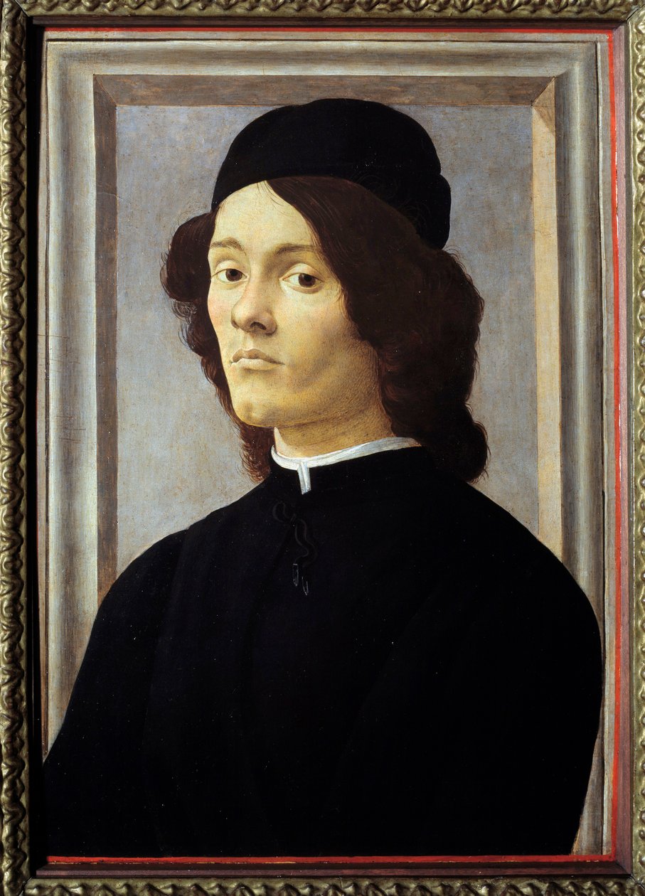 年轻人根蒂尔曼的画像，看起来很融洽，穿着黑色的衣服。画家是Alessandro di Mariano dei Filipepi dit Sandro Botticelli（1445-1510） 15世纪的太阳。0,57x0,39米 作者 桑德罗·波提切利（Sandro Botticelli）