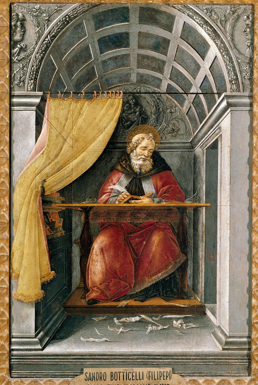 圣奥古斯丁在他的牢房中 由 Alessandro di Mariano dei Filipepi dit Sandro Botticelli (1445-1510) 绘制。 画布上的蛋彩画 作者 桑德罗·波提切利（Sandro Botticelli）