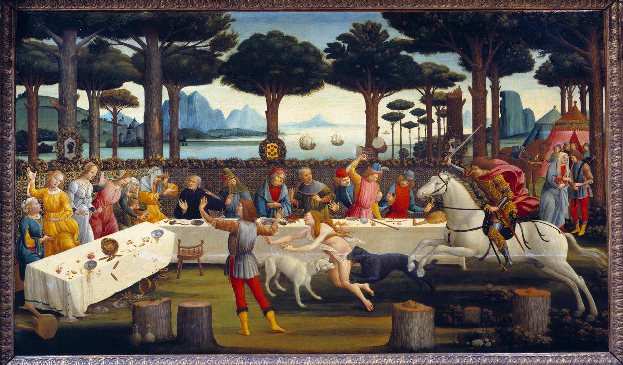 Story of Nastagio degli Onesti: Banquet in the pine forest, third panel in a series of four: Nastagio, unhappy in love, invites the woman he loves and his family has a banquet to show them the epilogue of a story similar to his own between a rider and the  作者 桑德罗·波提切利（Sandro Botticelli）