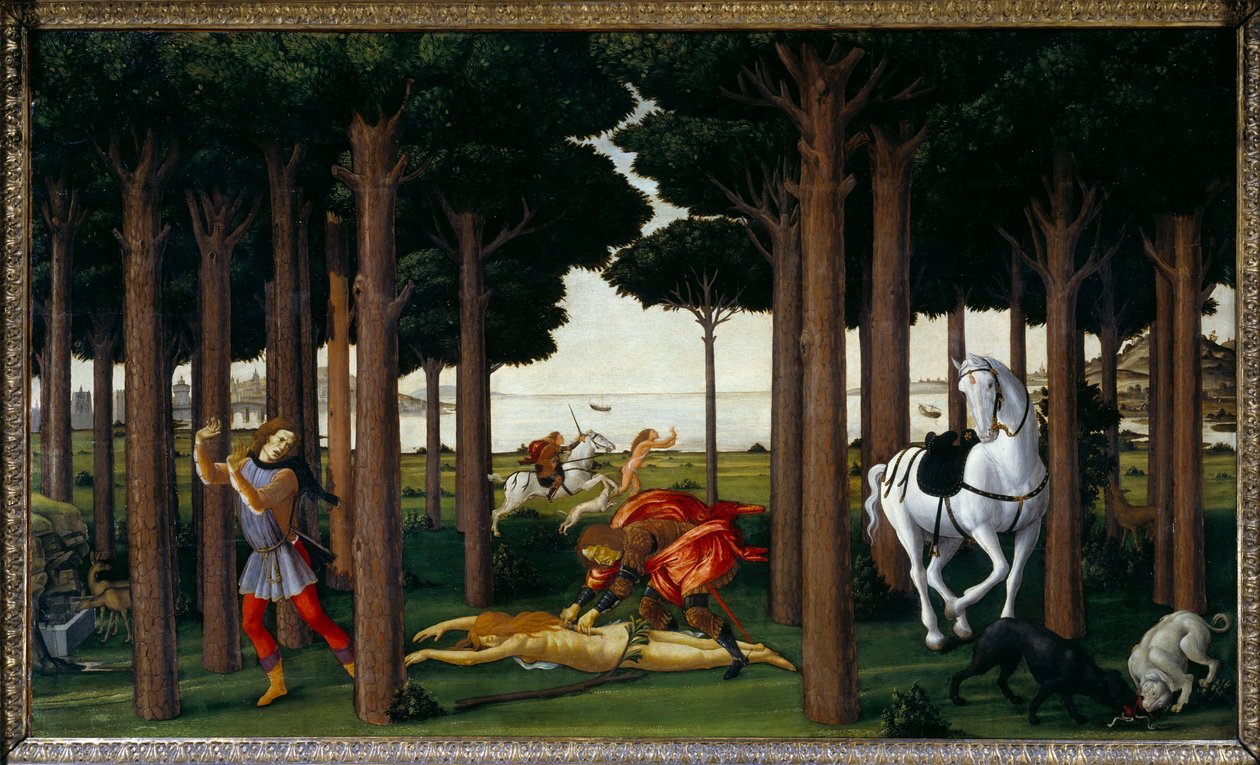 Story of Nastagio degli Onesti: Infernal Hunt”” second panel in a series of four: Nastagio, unhappy in love, attends the evisceration of a young woman guilty of not exchanging the love that a knight bears, and who will be devoured by dogs. From a short sto 作者 桑德罗·波提切利（Sandro Botticelli）