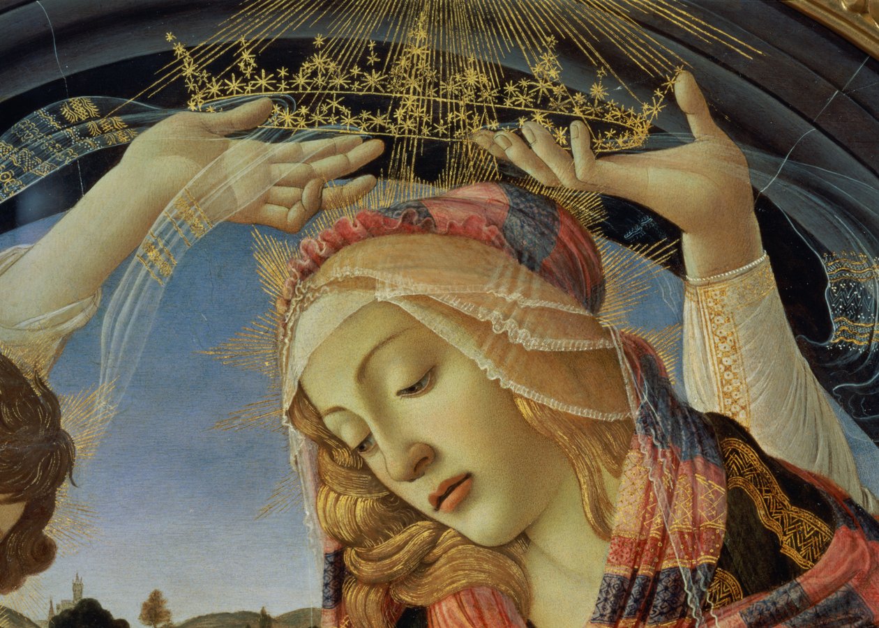 圣母玛利亚，圣母脸和王冠的细节 作者 桑德罗·波提切利（Sandro Botticelli）