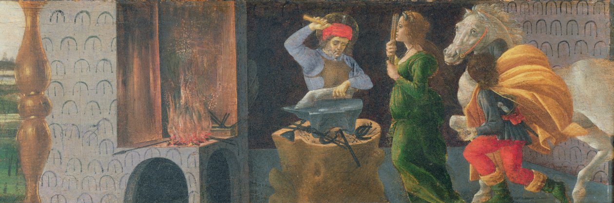 圣埃利吉乌斯的奇迹，圣马克祭坛画的普雷德拉面板，c.1488-90（面板上的蛋彩画）（见 44342、44348 44333） 作者 桑德罗·波提切利（Sandro Botticelli）