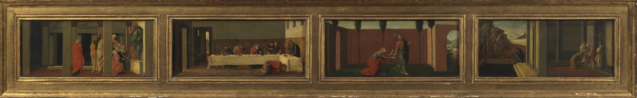 Scenes from the life of Mary Magdalene (four predella panels - a. Christ teaching; b. feast in the house of Simon; c. Noli me Tangere; d. last moments of the Magdalene) 作者 桑德罗（后）波提切利