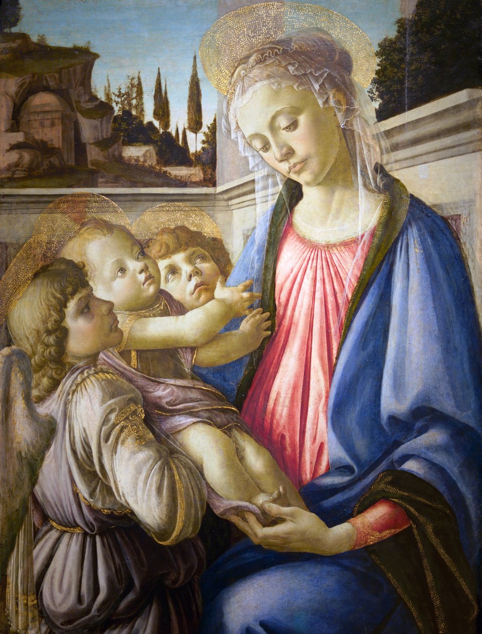 意大利语  Madonna col Bambino e due angeli 圣母子和两个天使 作者 桑德罗·波提切利（Sandro Botticelli）