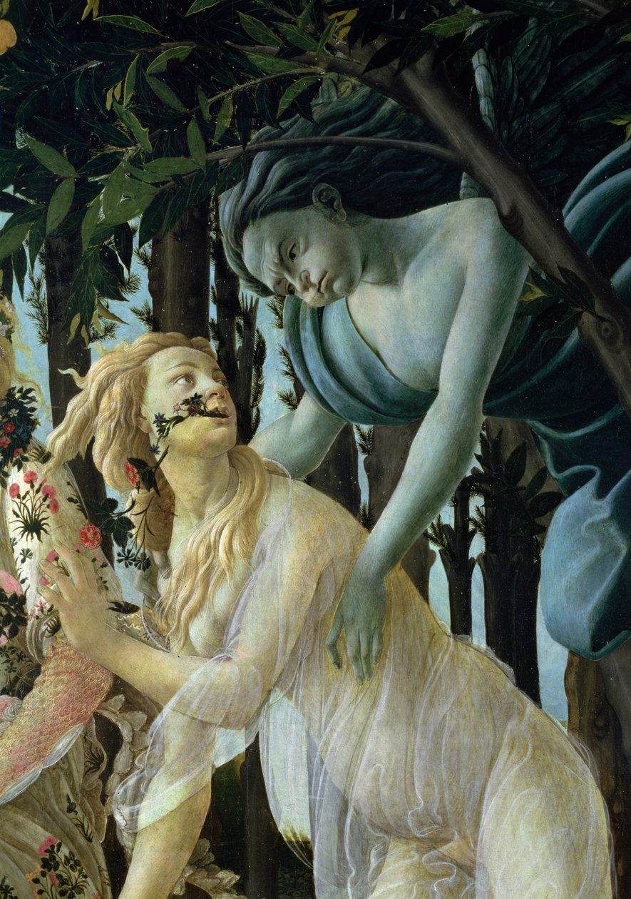 Primavera：面板上的Zephyr和Flora蛋彩画细节 作者 桑德罗·波提切利（Sandro Botticelli）