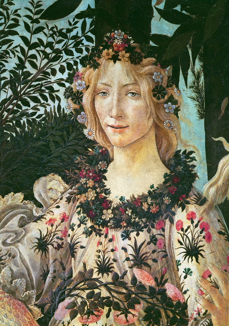 Primavera，Flora的细节作为春天的小时，面板上的1478蛋彩画 作者 桑德罗·波提切利（Sandro Botticelli）