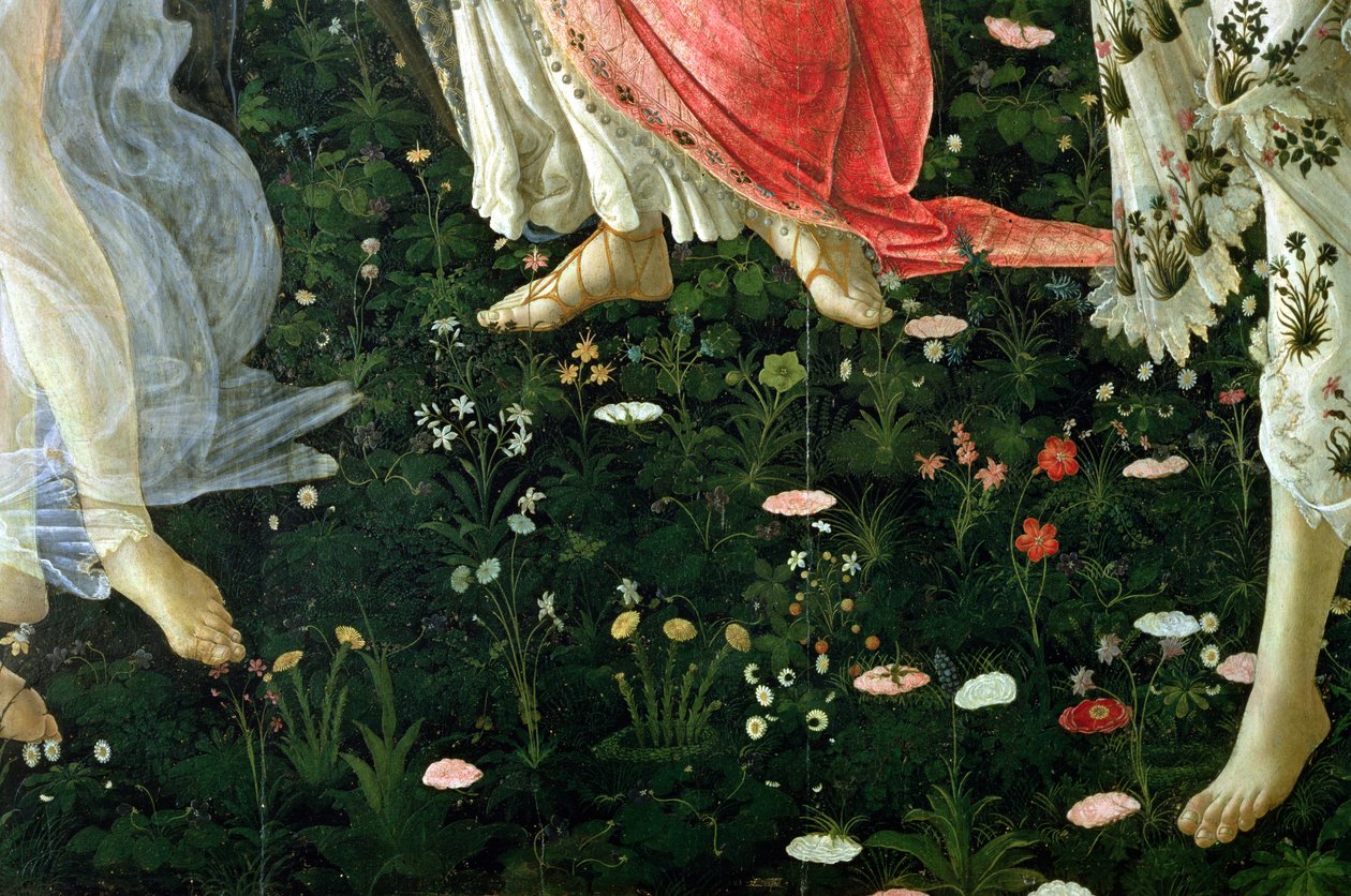 Primavera：面板上的花蛋彩画细节 作者 桑德罗·波提切利（Sandro Botticelli）