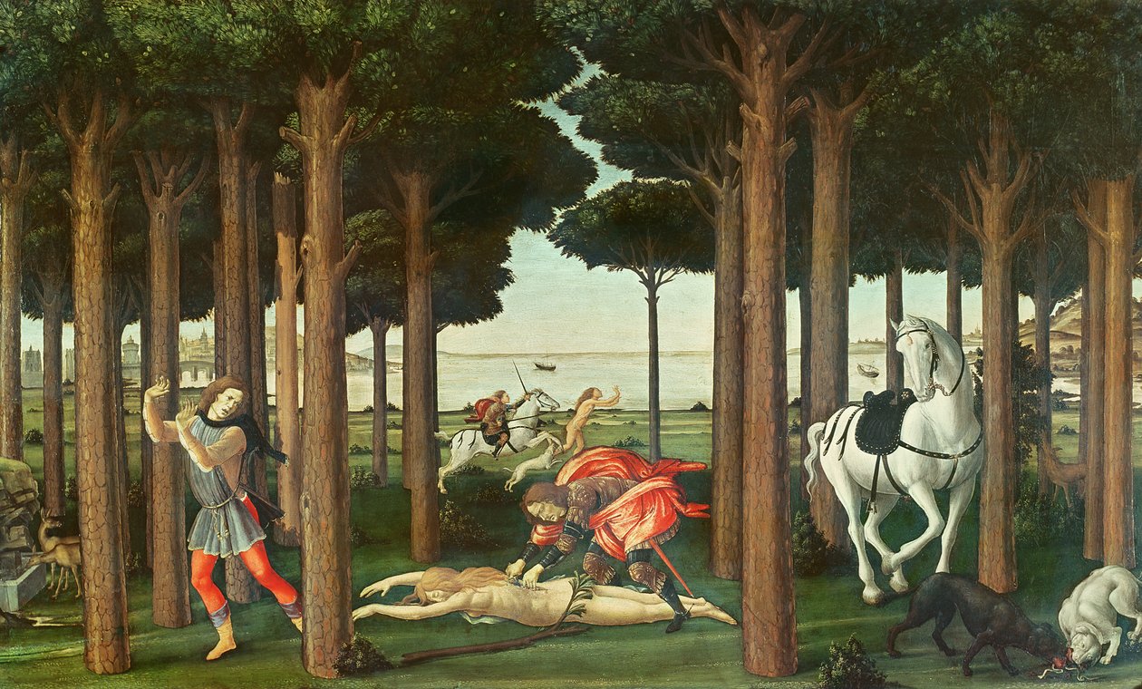 女人的剥夺：Nastagio degli Onesti故事的场景二，c.1483（面板上的蛋彩画） 作者 桑德罗·波提切利（Sandro Botticelli）