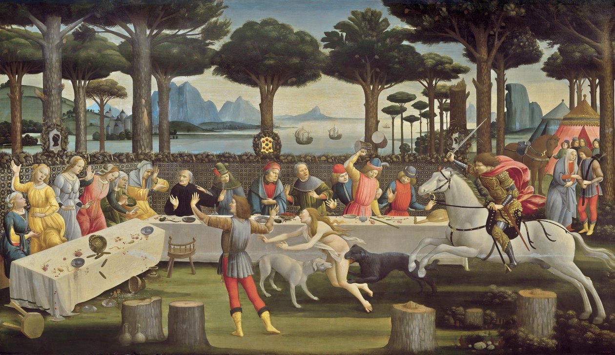 纳斯塔吉奥-德利-奥内斯蒂的故事，第 3 展板 作者 桑德罗·波提切利（Sandro Botticelli）
