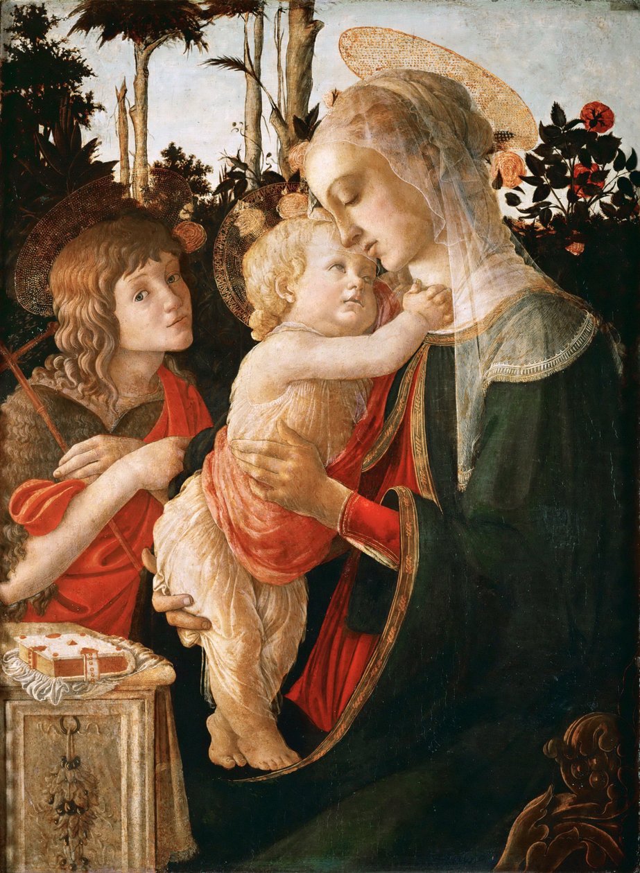 麦当娜和孩子与年轻的施洗约翰 作者 桑德罗·波提切利（Sandro Botticelli）和工作室