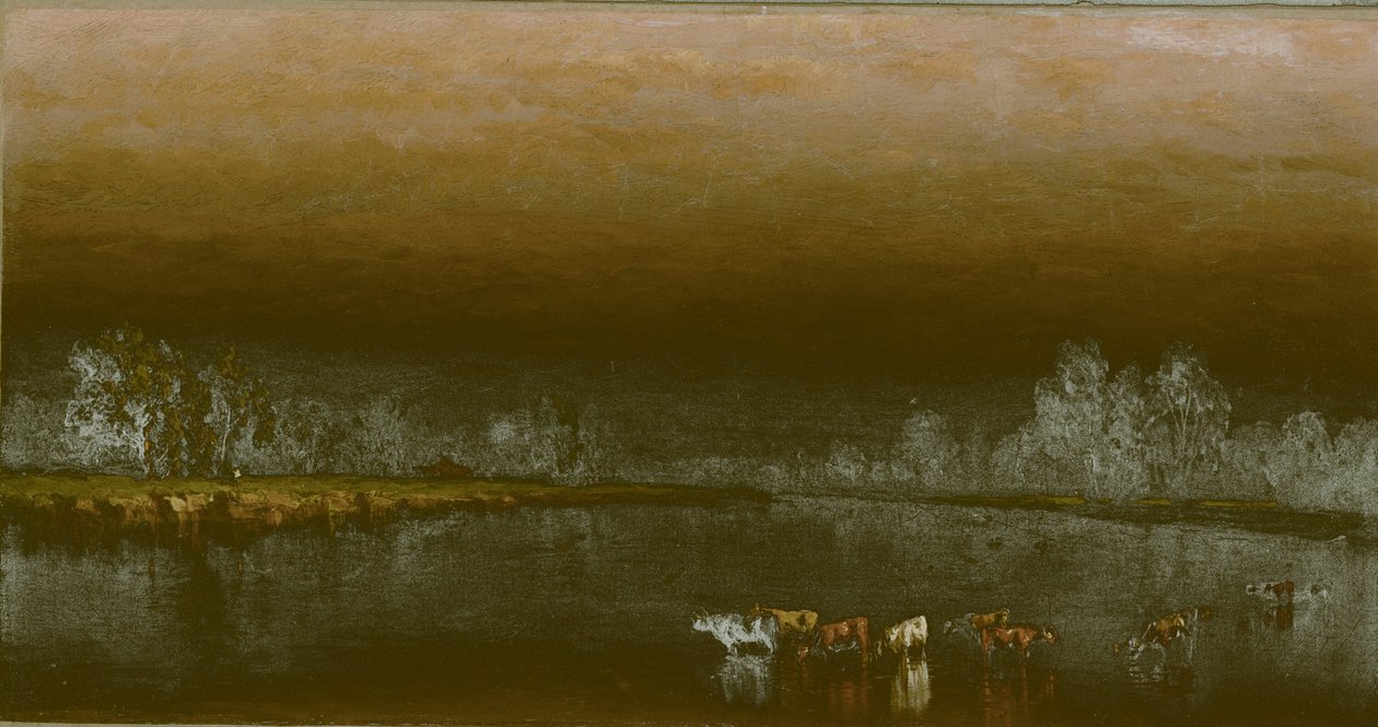 夕阳下的池塘里的奶牛，1860年。 作者 桑福德·罗宾逊·吉福德