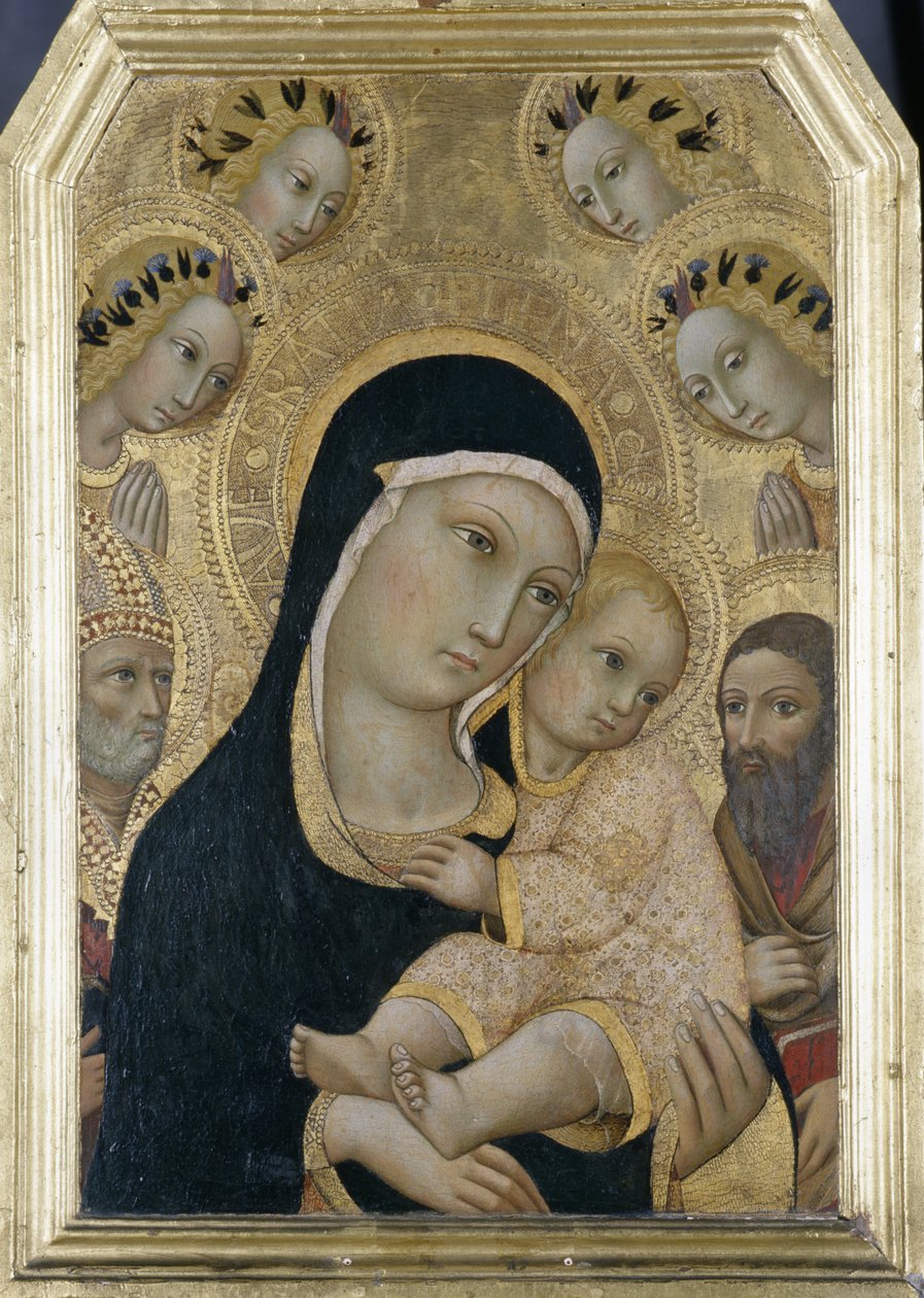 麦当娜和儿童与天使和圣徒，c.1450（杨木上的蛋彩画） 作者 Sano di Pietro