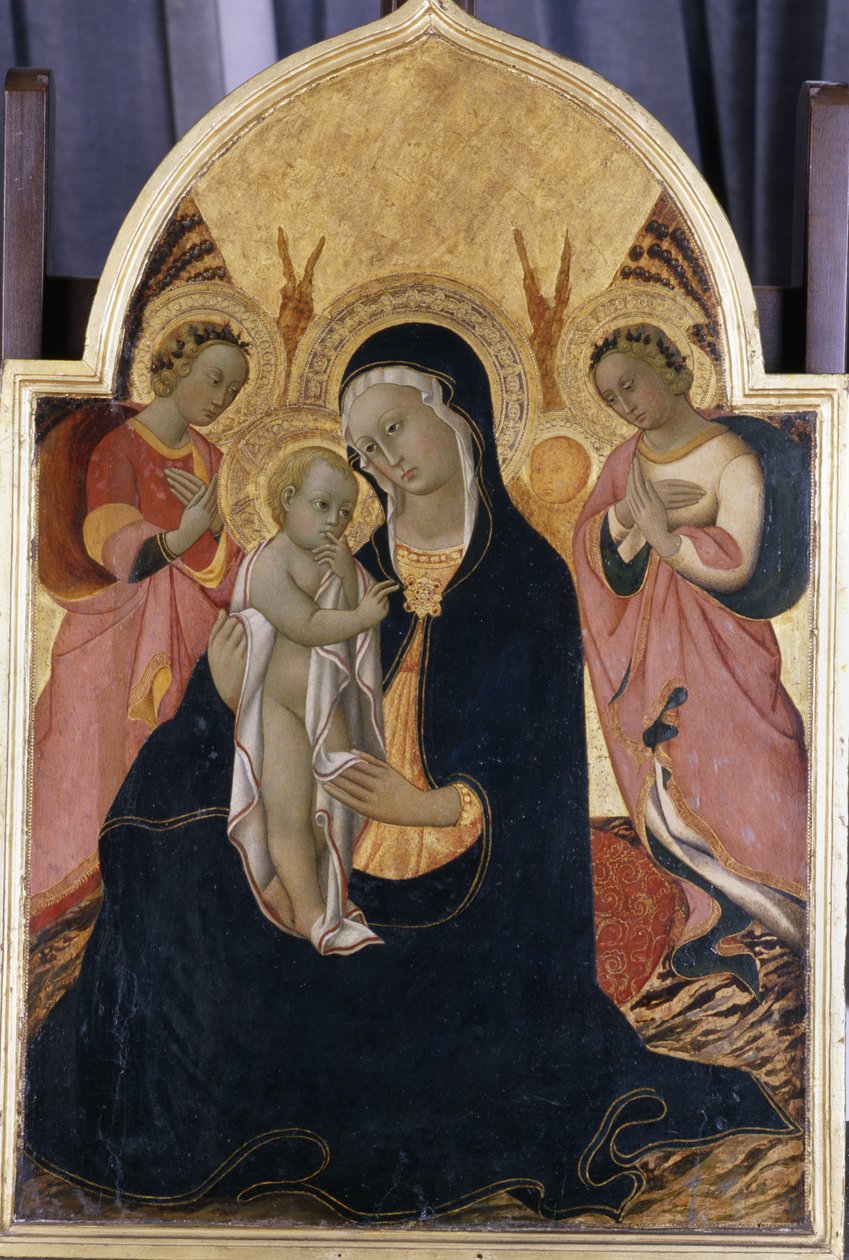 麦当娜和两个天使的孩子，c.1440（杨树上的蛋彩画） 作者 Sano di Pietro