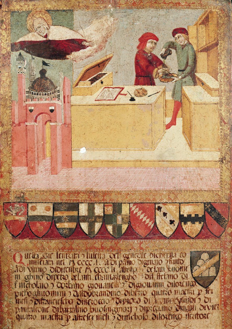 Biccherna显示Camerlengo洗手，以及圣母保护锡耶纳，1451年 作者 Sano di Pietro