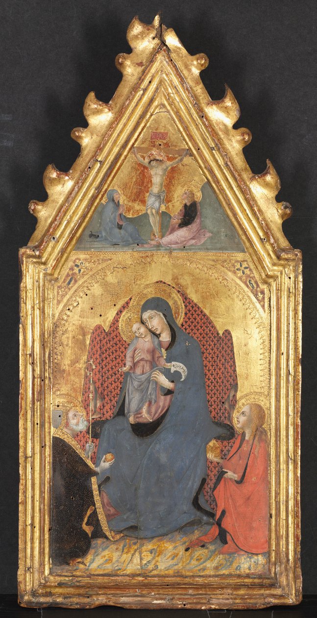 圣母和儿童由圣徒玛丽·抹大拉的马里（Mary Magdalene）和巴里的尼古拉斯（Nicolas）所崇拜，基督被钉十字架...，1400年代。 作者 Sano di Pietro