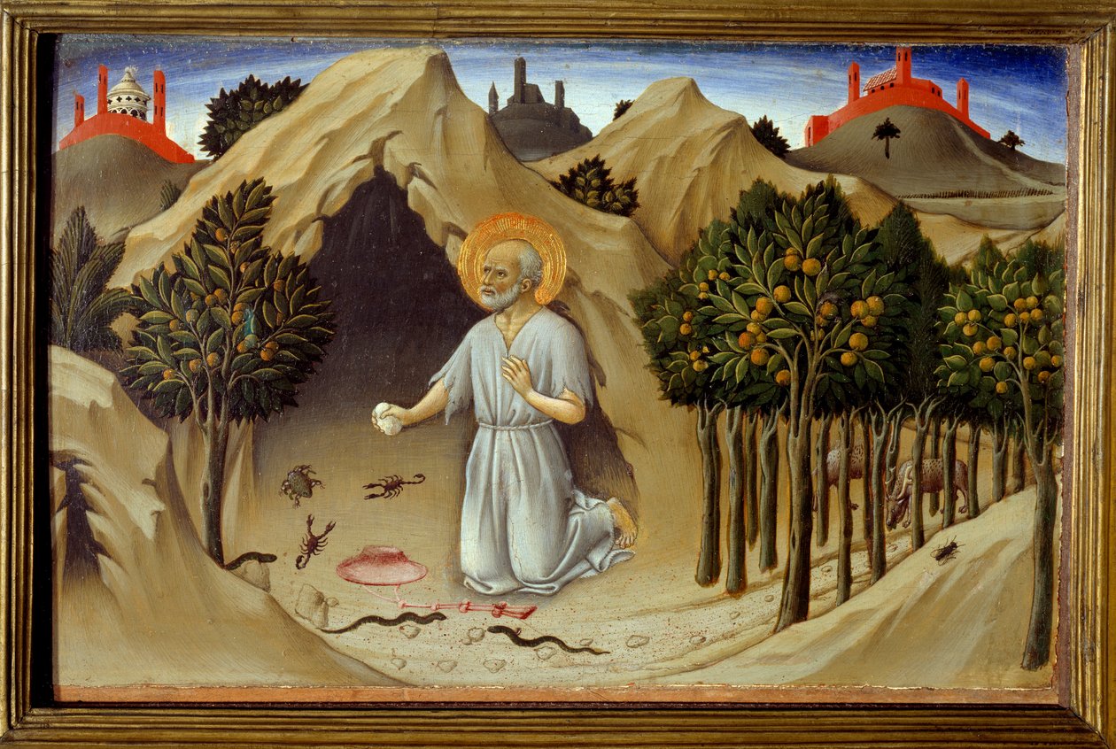 圣杰罗姆的生活场景：“圣杰罗姆的忏悔”，Sano di Pietro（1406-1481）15 世纪的绘画。 太阳 0,23x0,36 m 作者 萨诺·迪·迪耶特罗·门西奥·皮耶特罗