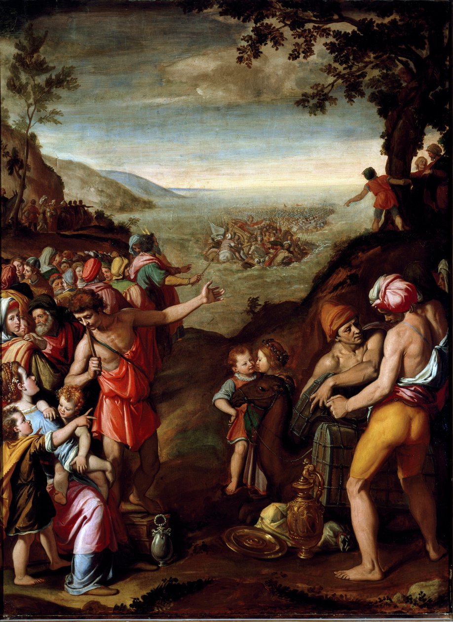 红海通道 逃离埃及的希伯来人在摩西的带领下穿越红海。Santi di Tito（1536-1603 年）的画作，佛罗伦萨，弗朗索瓦一世内阁，维奇奥宫 作者 桑蒂·迪托（Santi di Tito）