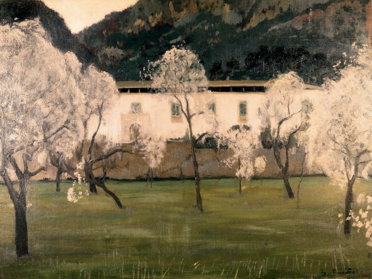 Landscape with flowers in trees. Painting by Santiago Rusinol y (i) Prats (1861-1931). Oil on canvas Barcelona. National Museum of Art of Catalonia. 作者 圣地亚哥·鲁西诺·普拉茨