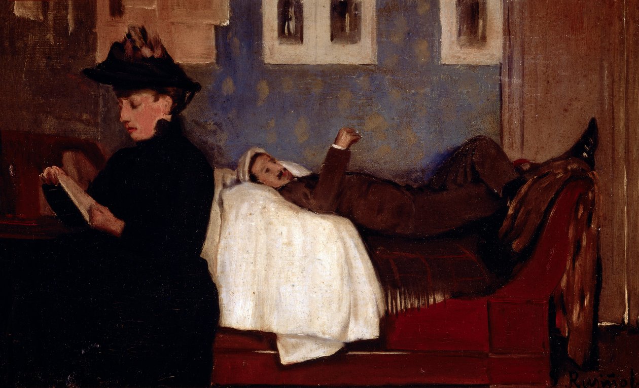 在巴黎的工作室。 人物层可能是 Miguel Utrillo (1862-1934)。 Santiago Rusinol y (i) Prats (1861-1931) 的绘画 作者 圣地亚哥·鲁西诺·普拉茨