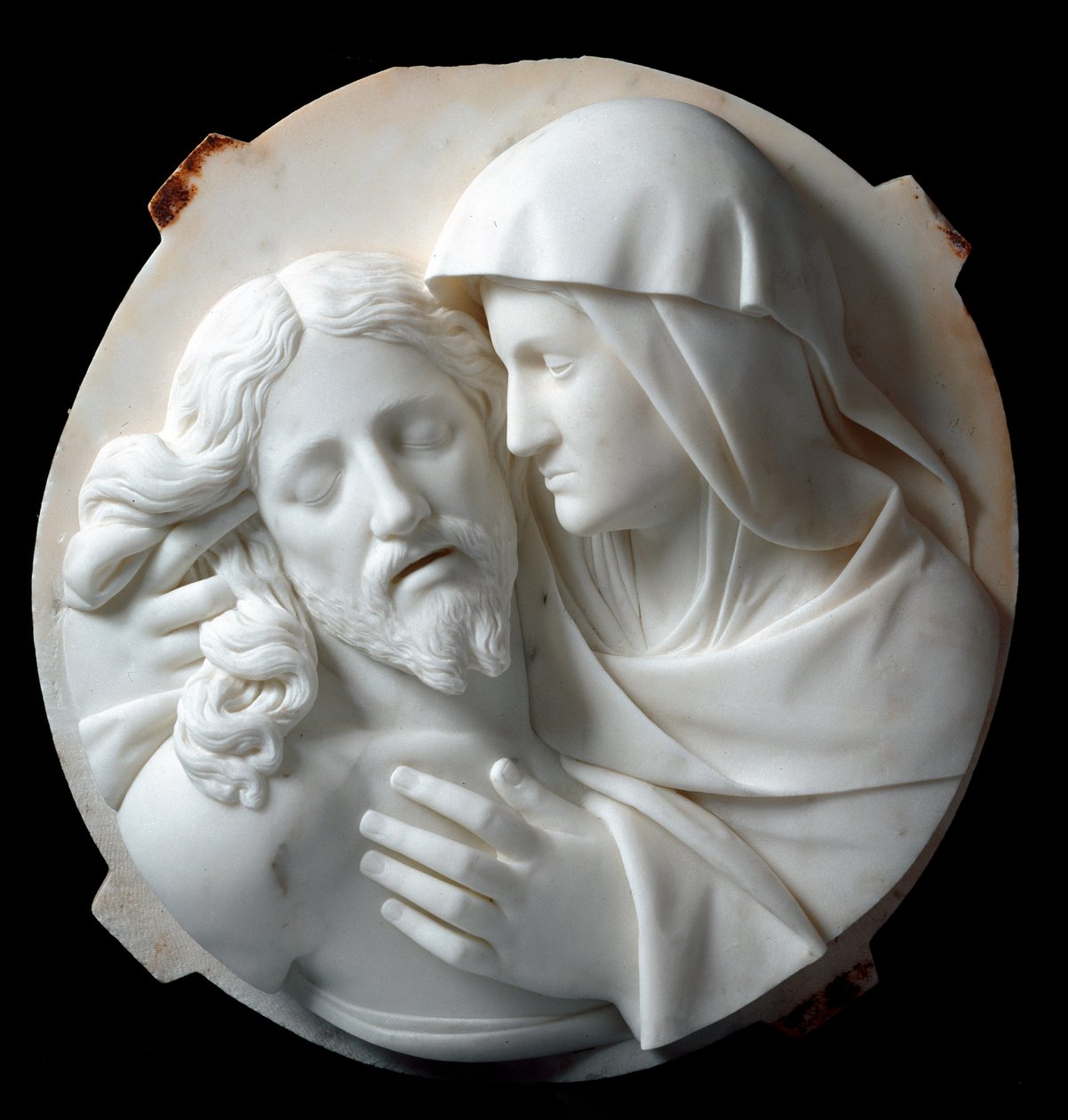 Santo Varni (1807-1885) 1863-1870 的圣母怜子图大理石雕塑。 暗淡。 56x52x12 厘米来自Odon di savoia 王子的收藏。 Genes, Galleria d