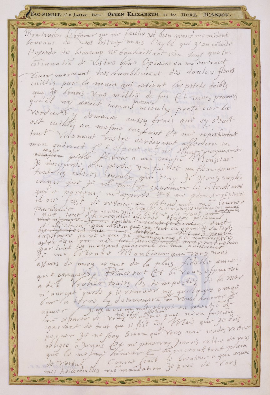 传达伊丽莎白一世致Francois de Valois，Duc d&39;Anjou和d&39;Alencon的信，来自“伊丽莎白女王法院回忆录”，1825年出版（纸笔墨水）（见146740） 作者 艾塞克斯（Essex）的莎拉伯爵夫人（Sarah Countess）
