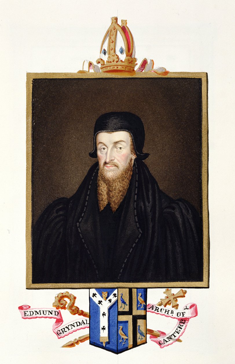 Edmund Grindal的肖像（约1519-83）坎特伯雷大主教于1825年出版的“伊丽莎白女王法庭回忆录”（纸上水粉和水粉） 作者 艾塞克斯（Essex）的莎拉伯爵夫人（Sarah Countess）