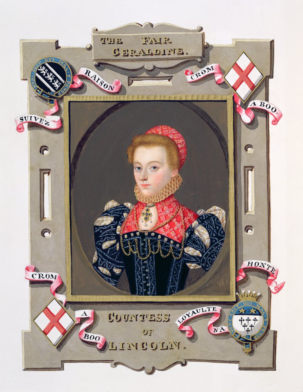 Elizabeth Fitzgerald（c.1528-89）的肖像来自“女王伊丽莎白法院回忆录”的林肯伯爵夫人，由Stephen van der Meulen（1632-1690）拍摄，于1825年出版（wc和gouac） 作者 艾塞克斯（Essex）的莎拉伯爵夫人（Sarah Countess）
