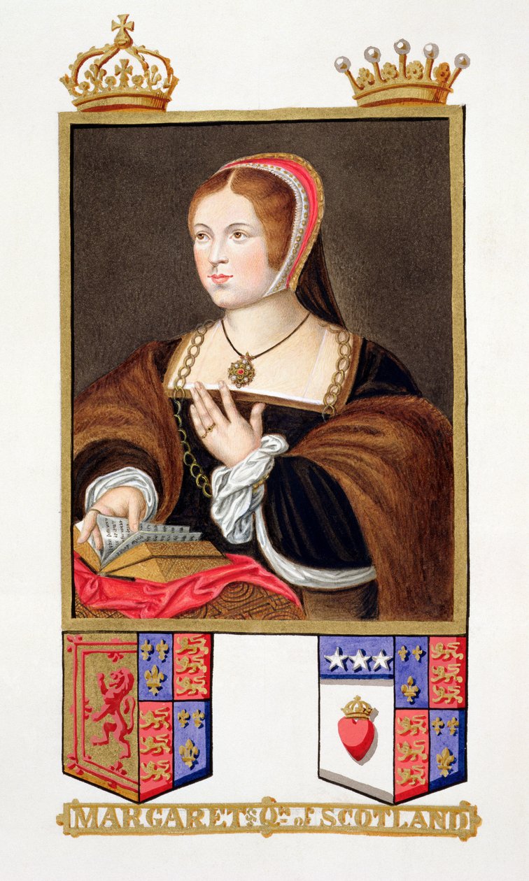 玛格丽特·都铎（1489-1541）苏格兰女王的肖像来自“伊丽莎白女王法院回忆录”，由丹尼尔·米滕斯（1590-1642）拍摄，于1825年出版（纸上水粉和水粉） 作者 艾塞克斯（Essex）的莎拉伯爵夫人（Sarah Countess）