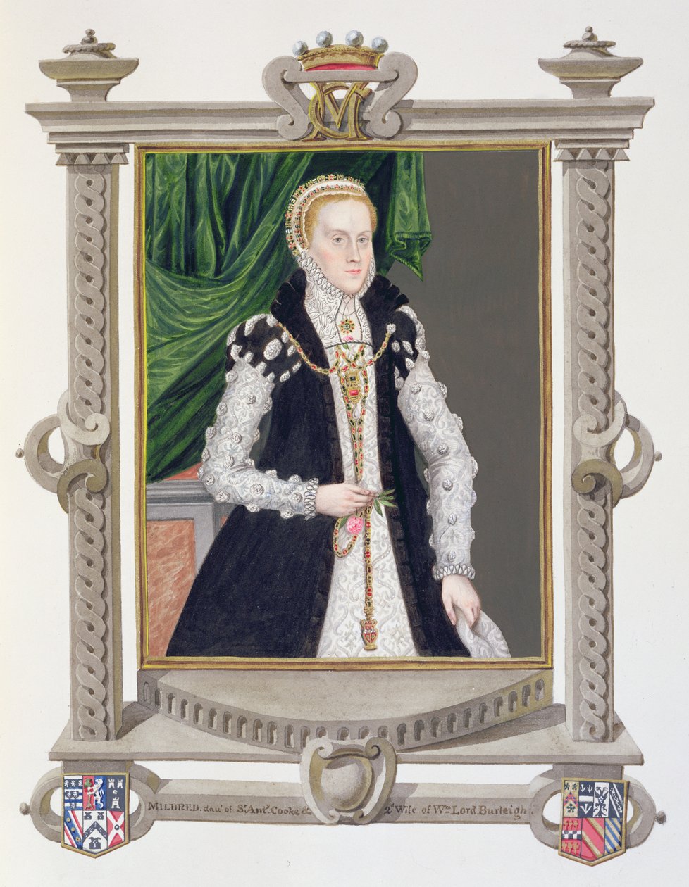 Mildred Cooke的肖像，来自“伊丽莎白女王法庭回忆录”的伯格利夫人，于1825年出版（纸上有水粉和水粉） 作者 艾塞克斯（Essex）的莎拉伯爵夫人（Sarah Countess）