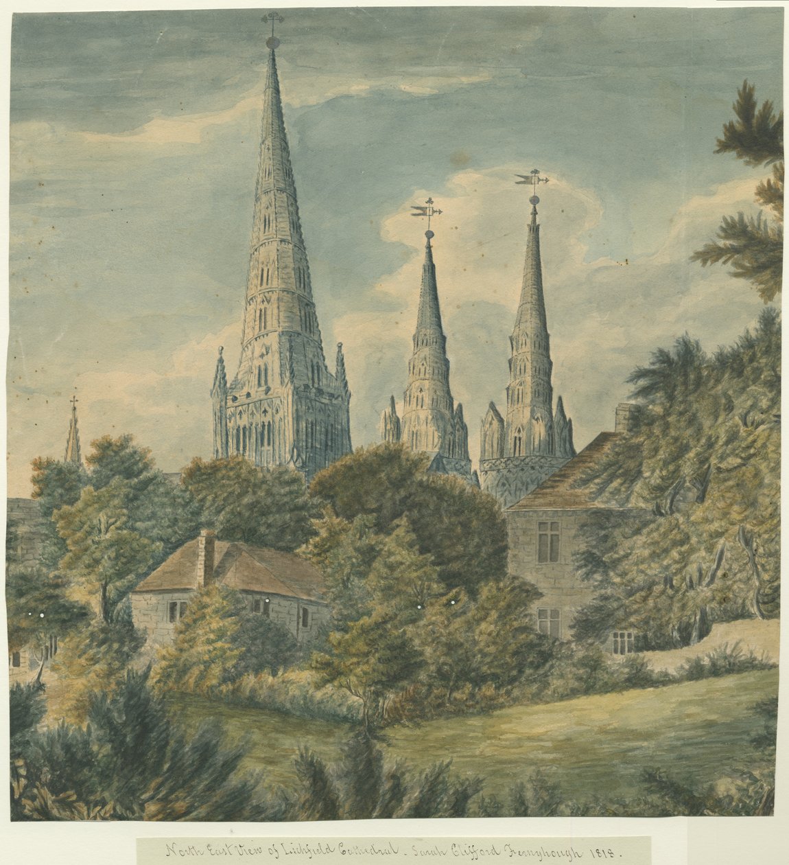 利奇菲尔德大教堂（Lichfield Cathedral）-东北视图：水彩画，1818年 作者 莎拉·克利福德（Sarah Clifford）Fernyhough