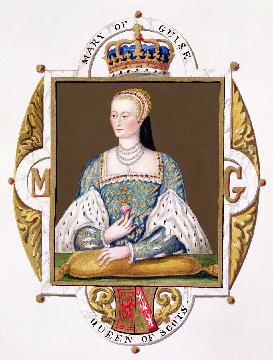 1825年出版的“伊丽莎白女王法庭回忆录”中的苏格兰女王（1515-60）苏格兰女王的肖像（纸上水粉和水粉） 作者 艾塞克斯（Essex）的莎拉伯爵夫人（Sarah Countess）