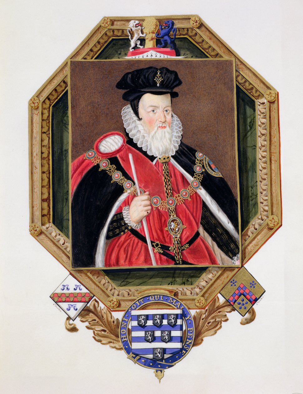 威廉·塞西尔（1520-98）第一男爵伯格利的肖像，来自伊丽莎白女王法院的回忆录，由1825年出版的Marcus Gheeraerts the Younger（c.1561-1635）拍摄的照片（wc和gouache o） 作者 艾塞克斯（Essex）的莎拉伯爵夫人（Sarah Countess）