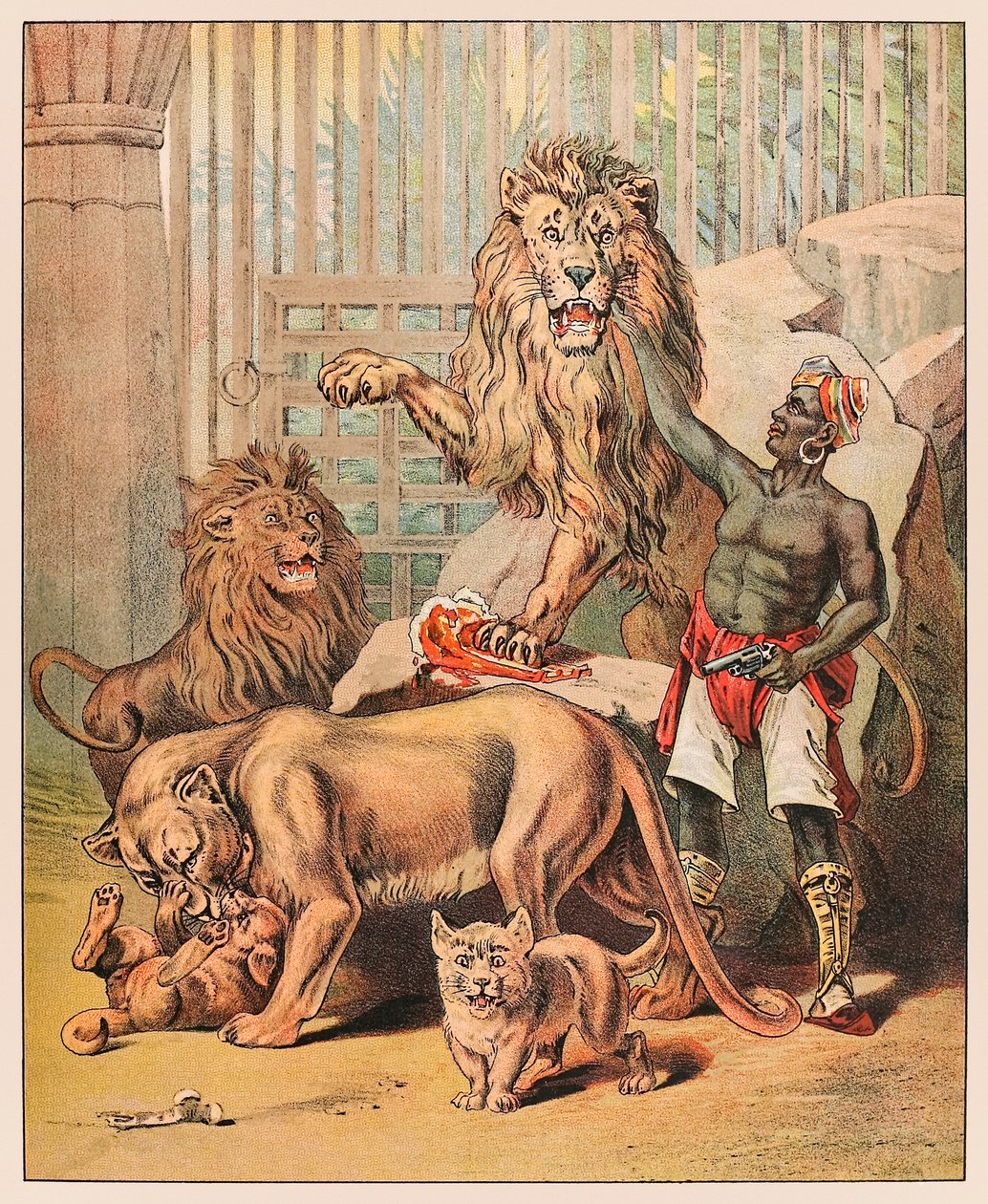 巴纳姆贝利马戏团的表演狮子与驯兽师，选自 1888 年出版的 P.T.Barnum